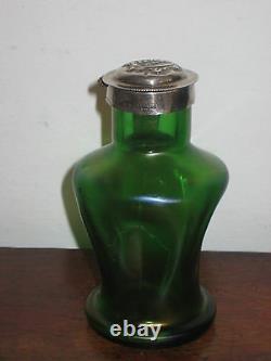 Austrian Bohemian Pos Loetz Iridescent Green Bottle Flask Art Nouveau Silver Top