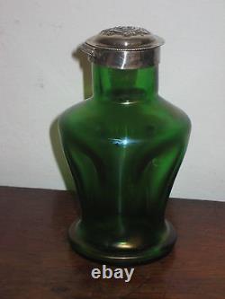 Austrian Bohemian Pos Loetz Iridescent Green Bottle Flask Art Nouveau Silver Top
