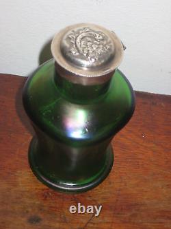 Austrian Bohemian Pos Loetz Iridescent Green Bottle Flask Art Nouveau Silver Top