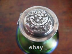 Austrian Bohemian Pos Loetz Iridescent Green Bottle Flask Art Nouveau Silver Top