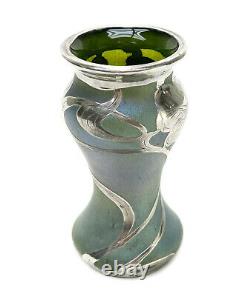 Austrian Green Iridescent Art Glass Sterling Silver Overlay Vase, Art Nouveau