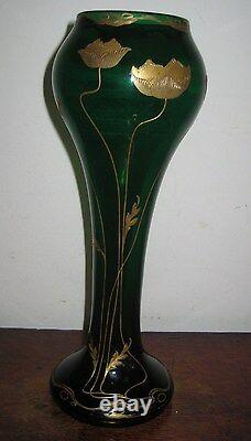 Austrian Tall Green Glass Vase With Gilt Overlay Jugendstil Art Nouveau