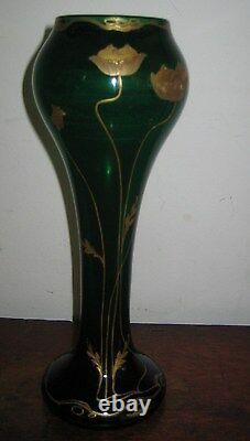 Austrian Tall Green Glass Vase With Gilt Overlay Jugendstil Art Nouveau