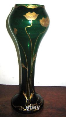 Austrian Tall Green Glass Vase With Gilt Overlay Jugendstil Art Nouveau