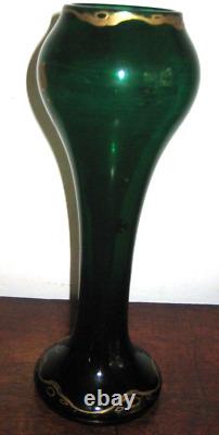 Austrian Tall Green Glass Vase With Gilt Overlay Jugendstil Art Nouveau