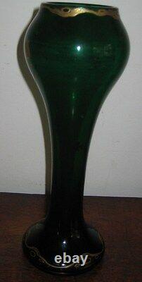 Austrian Tall Green Glass Vase With Gilt Overlay Jugendstil Art Nouveau