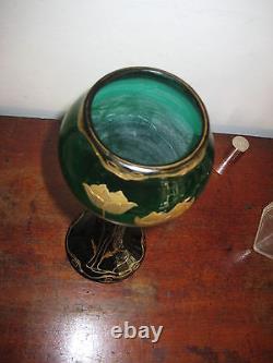 Austrian Tall Green Glass Vase With Gilt Overlay Jugendstil Art Nouveau