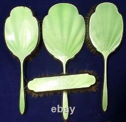 Awesome Sterling Silver Green Enamel Guilloche 4 Piece Dresser Set Brush Mirror