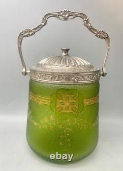 ° BACCARAT ETCHED GREEN ART Nouveau Deco GLASS Cookie Jar Biscuit Barrel Crystal