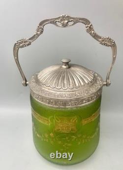° BACCARAT ETCHED GREEN ART Nouveau Deco GLASS Cookie Jar Biscuit Barrel Crystal
