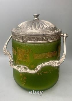 ° BACCARAT ETCHED GREEN ART Nouveau Deco GLASS Cookie Jar Biscuit Barrel Crystal