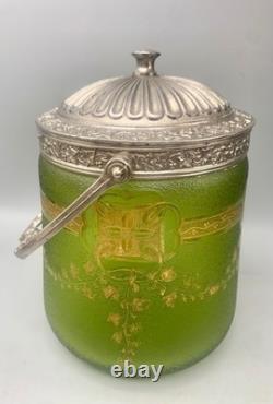 ° BACCARAT ETCHED GREEN ART Nouveau Deco GLASS Cookie Jar Biscuit Barrel Crystal