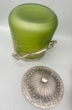 ° BACCARAT ETCHED GREEN ART Nouveau Deco GLASS Cookie Jar Biscuit Barrel Crystal