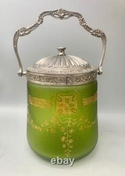 ° BACCARAT ETCHED GREEN ART Nouveau Deco GLASS Cookie Jar Biscuit Barrel Crystal