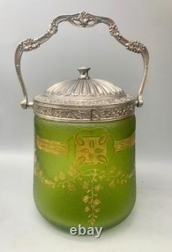 ° BACCARAT ETCHED GREEN ART Nouveau Deco GLASS Cookie Jar Biscuit Barrel Crystal