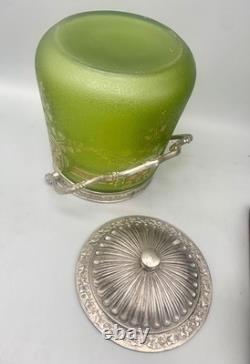 ° BACCARAT ETCHED GREEN ART Nouveau Deco GLASS Cookie Jar Biscuit Barrel Crystal