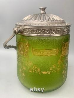 ° BACCARAT ETCHED GREEN ART Nouveau Deco GLASS Cookie Jar Biscuit Barrel Crystal