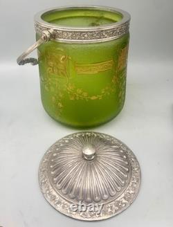° BACCARAT ETCHED GREEN ART Nouveau Deco GLASS Cookie Jar Biscuit Barrel Crystal