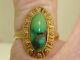 Beautiful Antique Art Nouveau 10k Repousse Gold With2.2 Ct Green Turquoise Ring