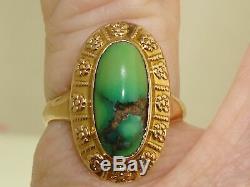 BEAUTIFUL ANTIQUE ART NOUVEAU 10K REPOUSSE GOLD With2.2 CT GREEN TURQUOISE RING