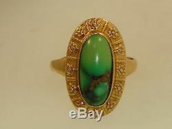 BEAUTIFUL ANTIQUE ART NOUVEAU 10K REPOUSSE GOLD With2.2 CT GREEN TURQUOISE RING