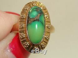 BEAUTIFUL ANTIQUE ART NOUVEAU 10K REPOUSSE GOLD With2.2 CT GREEN TURQUOISE RING