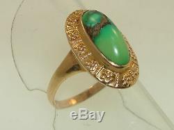 BEAUTIFUL ANTIQUE ART NOUVEAU 10K REPOUSSE GOLD With2.2 CT GREEN TURQUOISE RING