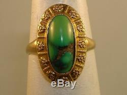 BEAUTIFUL ANTIQUE ART NOUVEAU 10K REPOUSSE GOLD With2.2 CT GREEN TURQUOISE RING