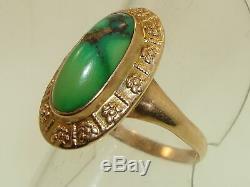 BEAUTIFUL ANTIQUE ART NOUVEAU 10K REPOUSSE GOLD With2.2 CT GREEN TURQUOISE RING