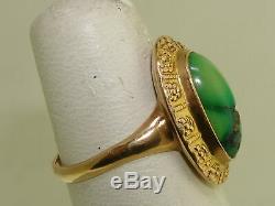 BEAUTIFUL ANTIQUE ART NOUVEAU 10K REPOUSSE GOLD With2.2 CT GREEN TURQUOISE RING