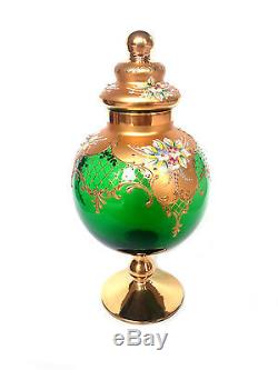BOHEMIAN Czech Moser Style Green Applied Floral Gold LARGE Apothecary Candy Jar