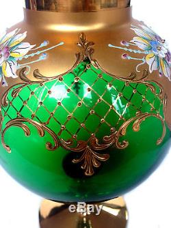 BOHEMIAN Czech Moser Style Green Applied Floral Gold LARGE Apothecary Candy Jar