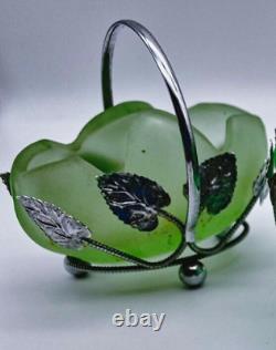 Bagley Art Nouveau Green Frosted Glass Basket In Silver Metal Case