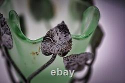 Bagley Art Nouveau Green Frosted Glass Basket In Silver Metal Case