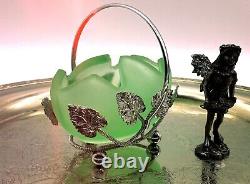 Bagley Art Nouveau Green Frosted Glass Basket In Silver Metal Case