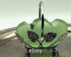 Bagley Art Nouveau Green Frosted Glass Basket In Silver Metal Case