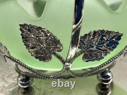 Bagley Art Nouveau Green Frosted Glass Basket In Silver Metal Case