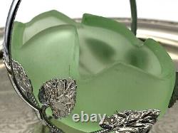 Bagley Art Nouveau Green Frosted Glass Basket In Silver Metal Case