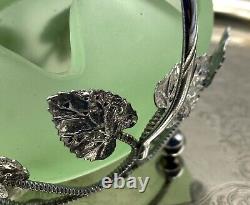 Bagley Art Nouveau Green Frosted Glass Basket In Silver Metal Case