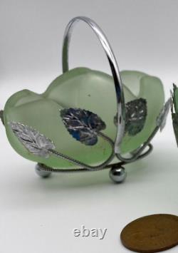 Bagley Art Nouveau Green Frosted Glass Basket In Silver Metal Case