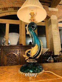 Barovier & Toso Murano 1940s Green Glass Fish Dolphin Table Lamp, Regency