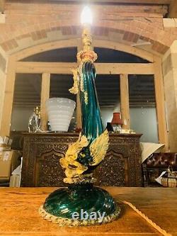 Barovier & Toso Murano 1940s Green Glass Fish Dolphin Table Lamp, Regency, 24k