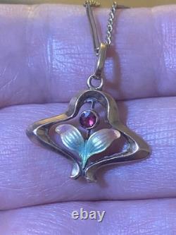 Beautiful Antique Art Nouveau 9ct Rose Gold Enamelled Leaves Flower Pendant 9ct