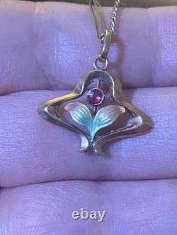 Beautiful Antique Art Nouveau 9ct Rose Gold Enamelled Leaves Flower Pendant 9ct