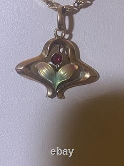 Beautiful Antique Art Nouveau 9ct Rose Gold Enamelled Leaves Flower Pendant 9ct