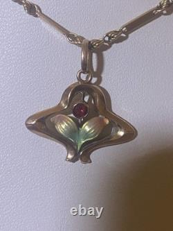 Beautiful Antique Art Nouveau 9ct Rose Gold Enamelled Leaves Flower Pendant 9ct