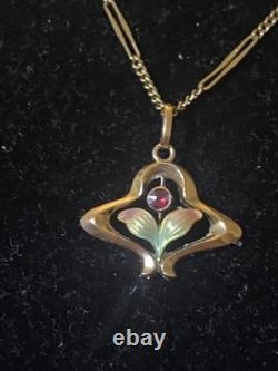 Beautiful Antique Art Nouveau 9ct Rose Gold Enamelled Leaves Flower Pendant 9ct