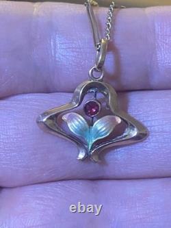 Beautiful Antique Art Nouveau 9ct Rose Gold Enamelled Leaves Flower Pendant 9ct