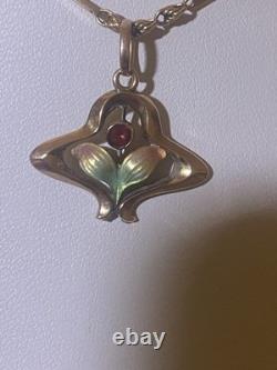 Beautiful Antique Art Nouveau 9ct Rose Gold Enamelled Leaves Flower Pendant 9ct