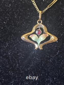 Beautiful Antique Art Nouveau 9ct Rose Gold Enamelled Leaves Flower Pendant 9ct